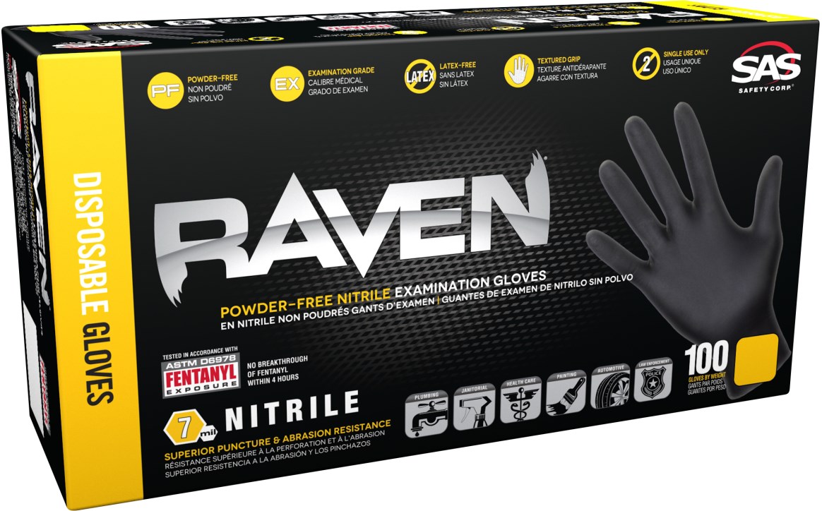 Raven Powder-Free Exam Grade Nitrile - 7 mil - Large, 100/BX - 10BX/CS, Made in USA