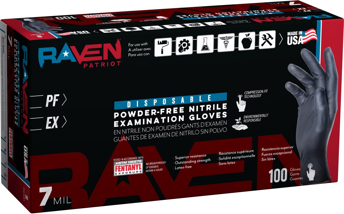 Raven Patriot Powder-Free Exam Grade Nitrile - 7 mil, Small, 100/BX - 10BX/CS, Made in USA view 3