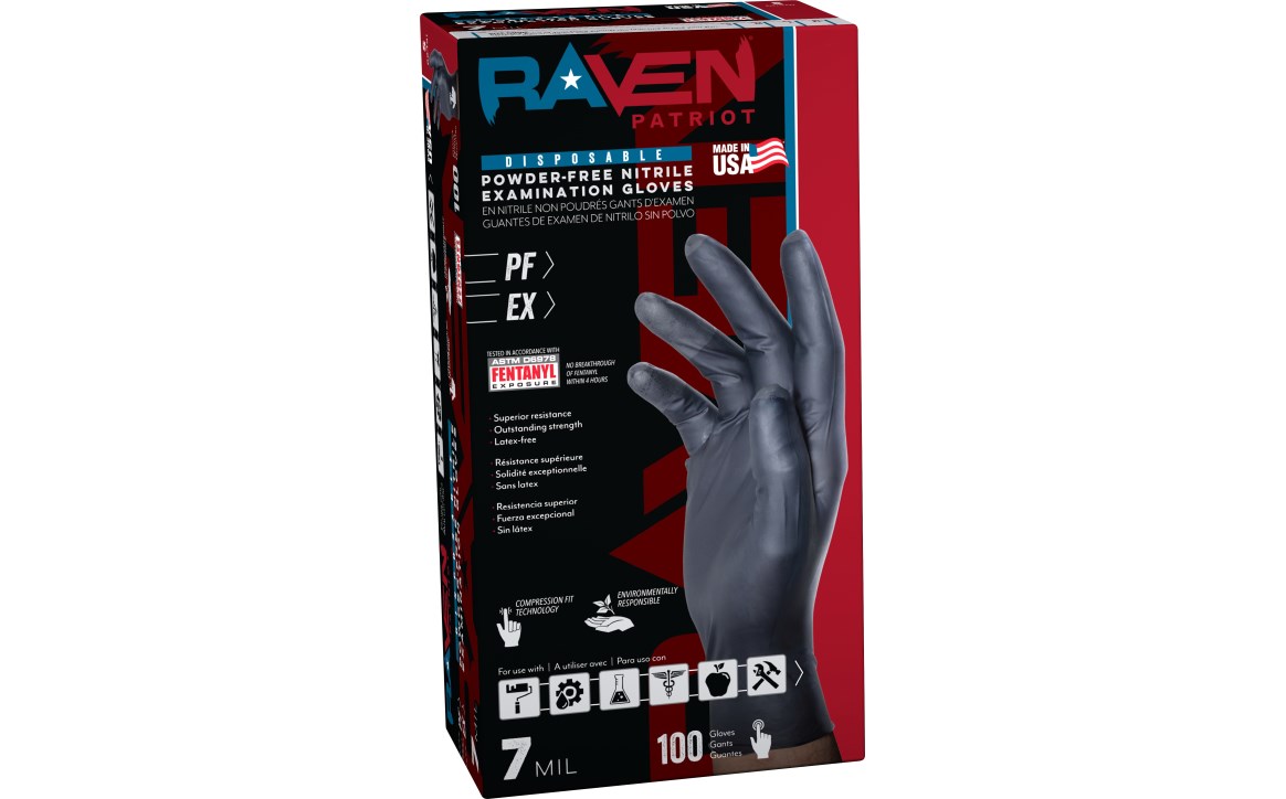 Raven Patriot Powder-Free Exam Grade Nitrile - 7 mil, Small, 100/BX - 10BX/CS, Made in USA view 4