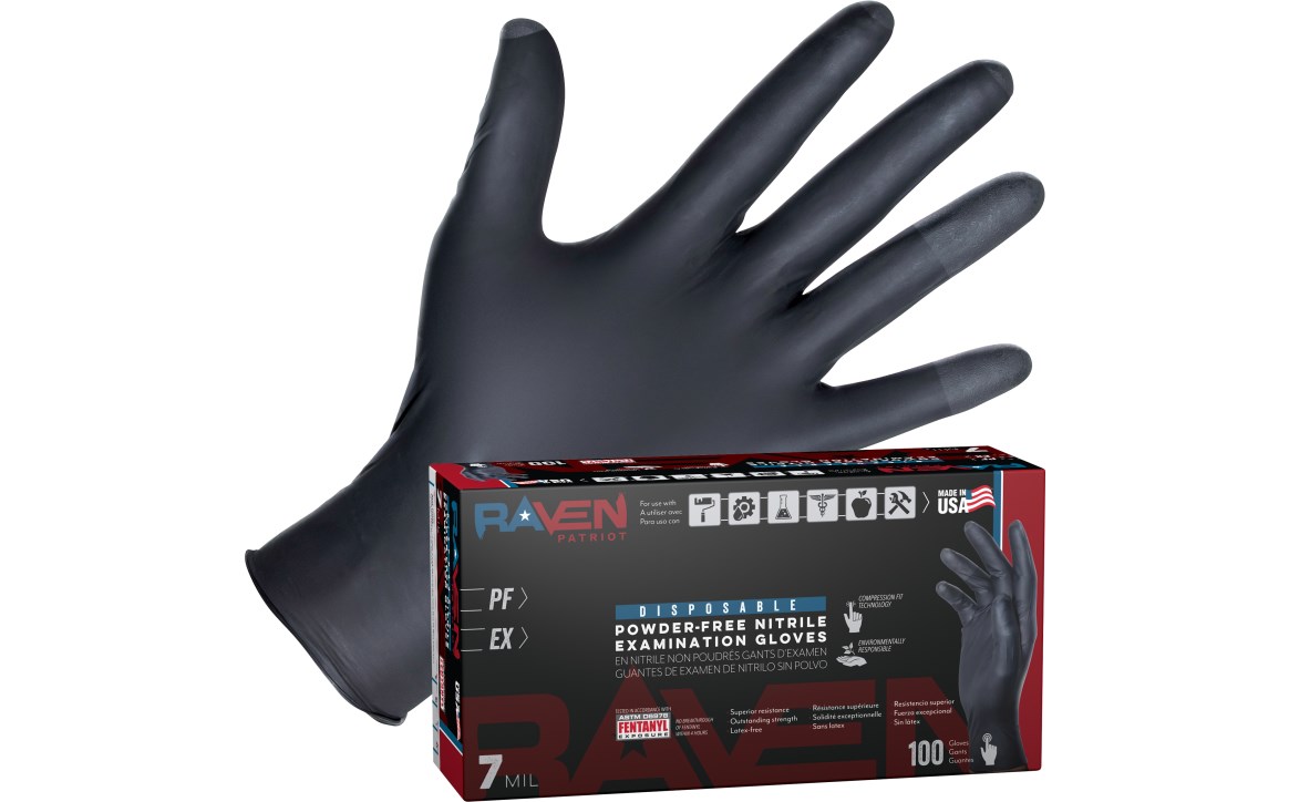 Raven Patriot Powder-Free Exam Grade Nitrile - 7 mil, Small, 100/BX, Made in USA
